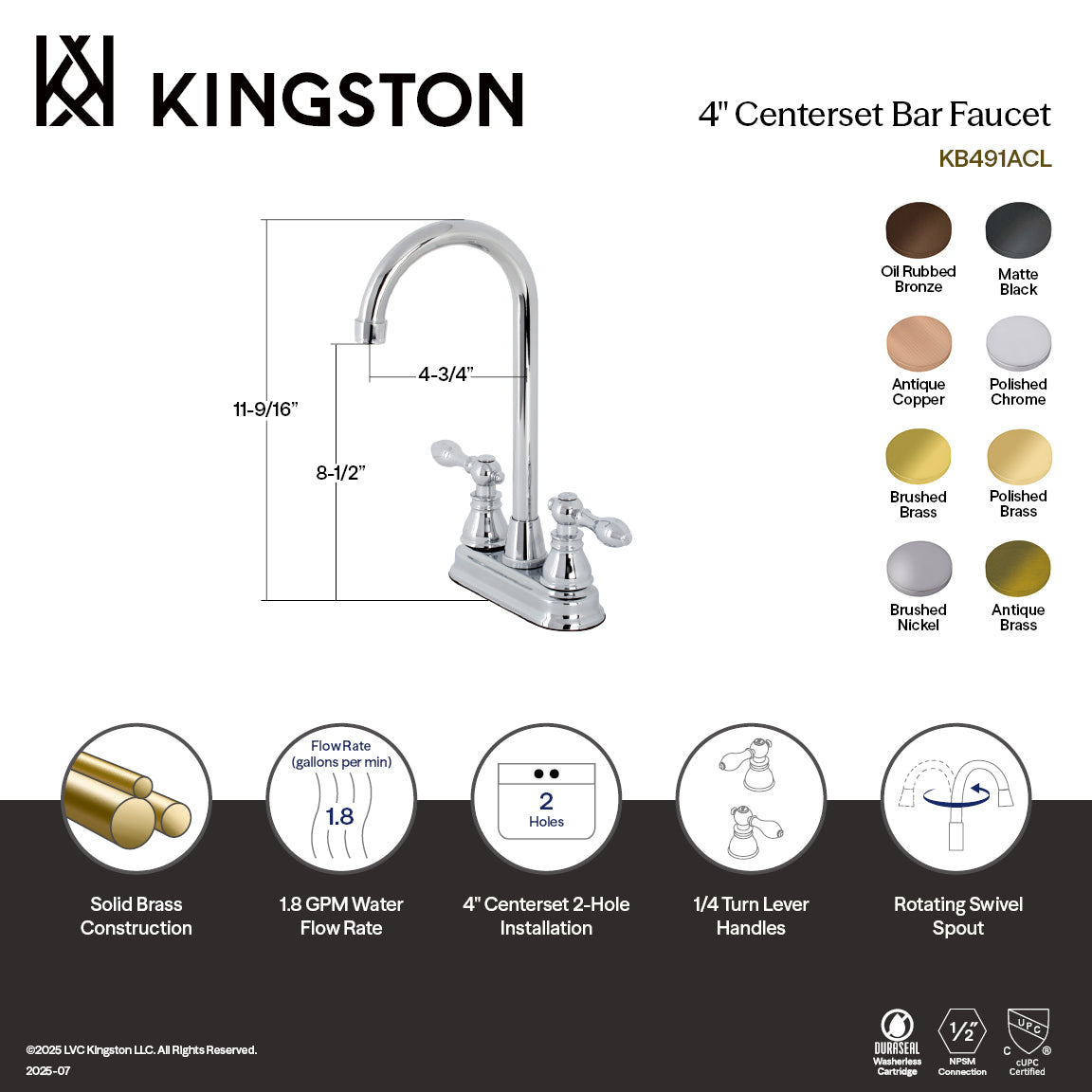 Kingston Tulare KB496ACL - American Classic Two-Handle 2-Hole Deck Mount Bar Faucet, Antique Copper — thumbnail 2